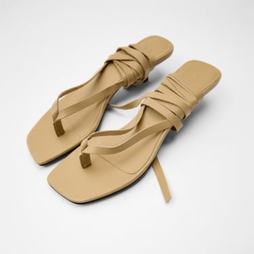 Like New Zara Leather Tie Sandal in Tan, Size 6.5